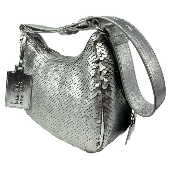 Nicole Miller Silver Sequin Shiny Strap Shoulder Bag Purse Logo Formal Dressy - Picture 2 of 8